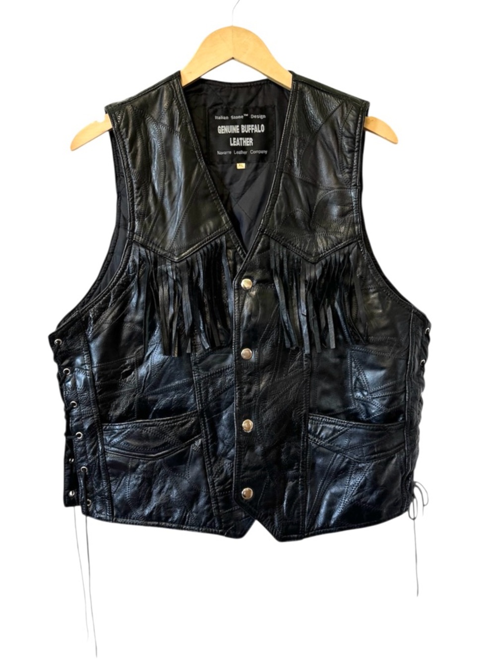 Vintage Black Leather Fringe‎ Vest Festival Ready Buffalo Patchwork Womens XL